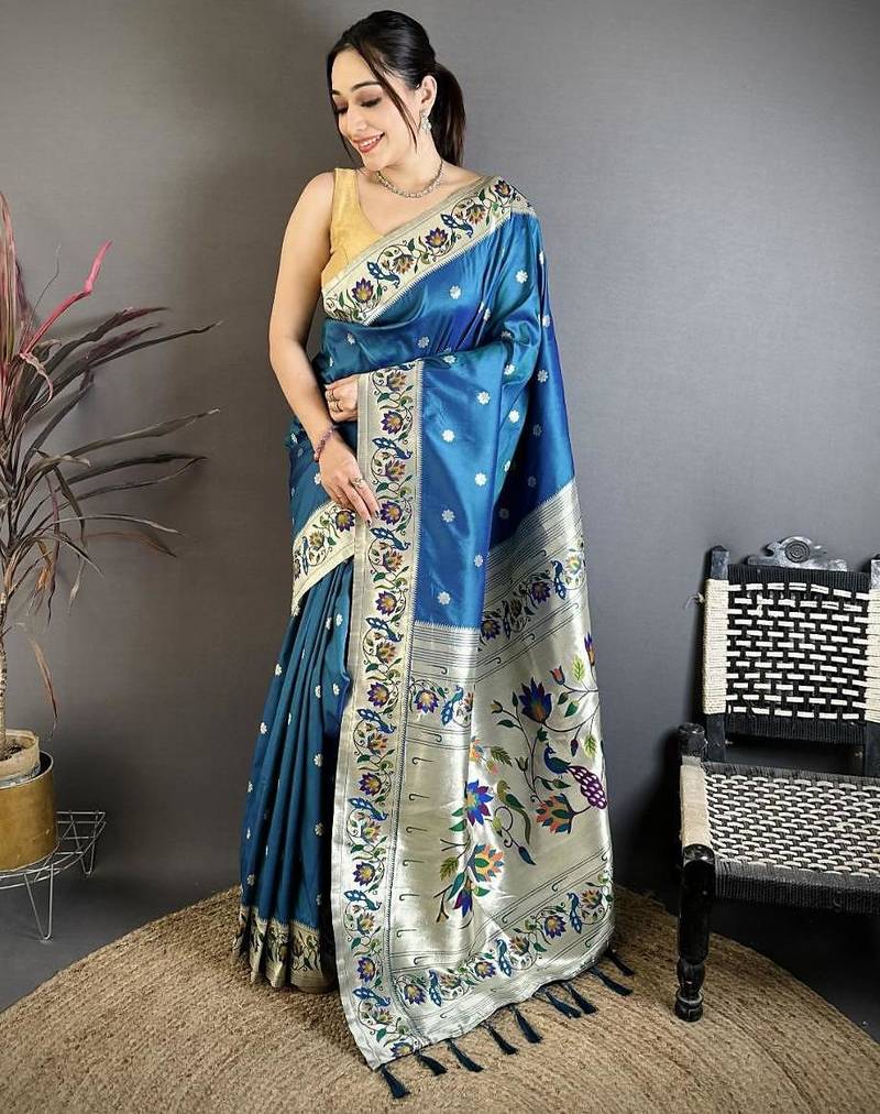 Skyblue color zari woven paithani silk saree with blouse
