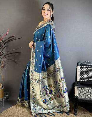 Skyblue color zari woven paithani silk blend saree with blouse 2