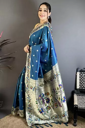 Skyblue color zari woven paithani silk blend saree with blouse