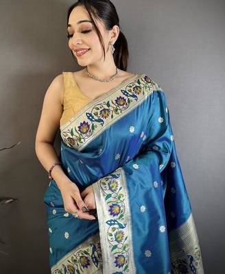 Skyblue color zari woven paithani silk blend saree with blouse 3
