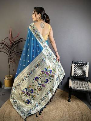 Skyblue color zari woven paithani silk blend saree with blouse 5