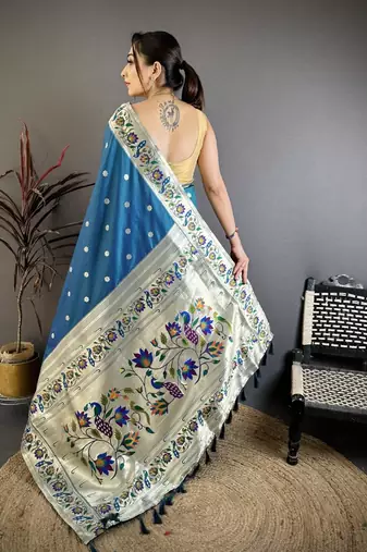 Skyblue color zari woven paithani silk blend saree with blouse