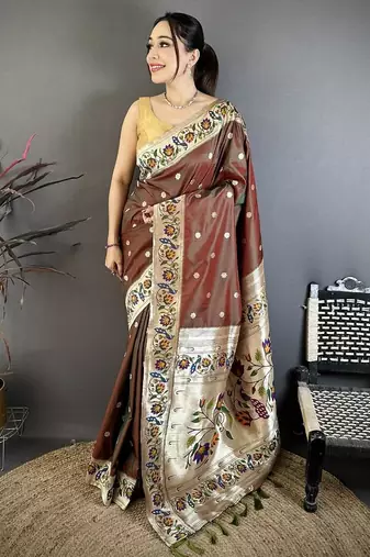 Brown color zari woven paithani silk saree with blouse