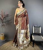 Brown color zari woven paithani silk saree with blouse
