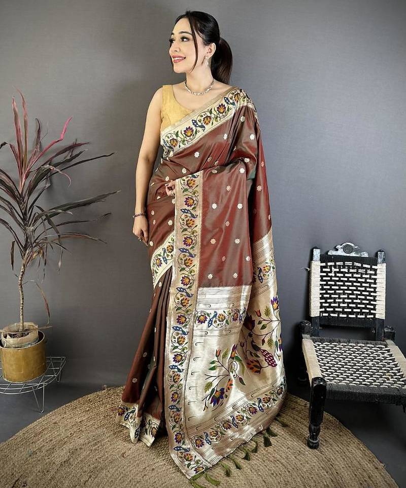 Brown color zari woven paithani silk saree with blouse