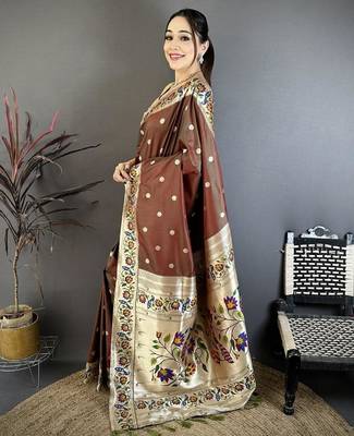 Brown color zari woven paithani silk blend saree with blouse 2