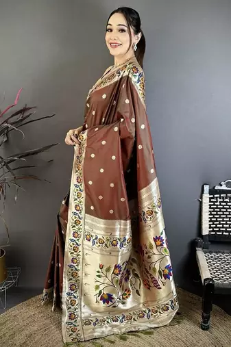 Brown color zari woven paithani silk blend saree with blouse