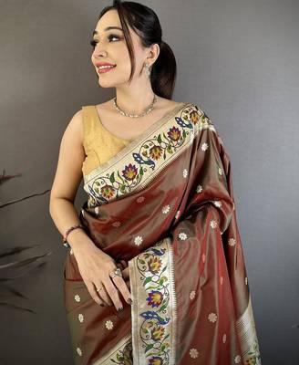 Brown color zari woven paithani silk blend saree with blouse 3