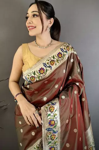 Brown color zari woven paithani silk blend saree with blouse