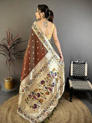 Brown color zari woven paithani silk blend saree with blouse 5