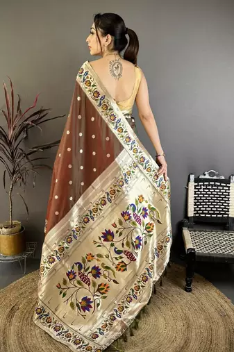Brown color zari woven paithani silk blend saree with blouse