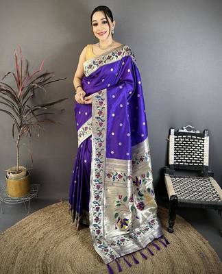 Blue color zari woven paithani silk blend saree with blouse 1