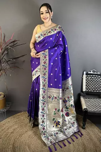 Blue color zari woven paithani silk saree with blouse