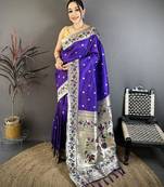 Blue color zari woven paithani silk saree with blouse