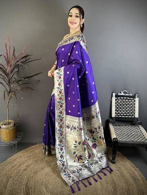 Blue color zari woven paithani silk blend saree with blouse 2