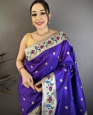 Blue color zari woven paithani silk blend saree with blouse 3