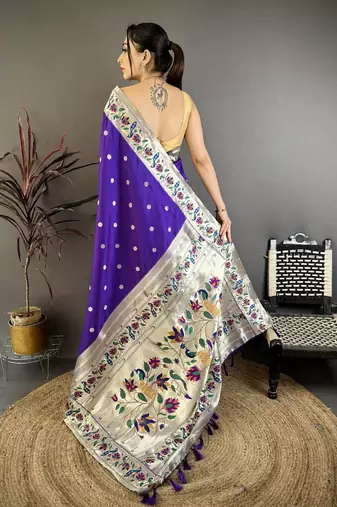 Blue color zari woven paithani silk blend saree with blouse