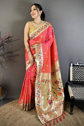Orange color zari woven paithani silk saree with blouse