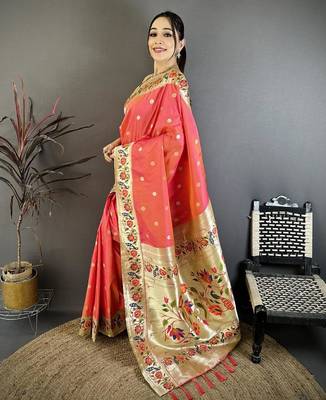 Orange color zari woven paithani silk blend saree with blouse 2