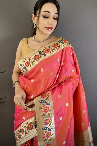 Orange color zari woven paithani silk blend saree with blouse