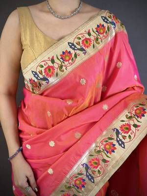 Orange color zari woven paithani silk blend saree with blouse 4