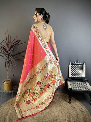 Orange color zari woven paithani silk blend saree with blouse 5