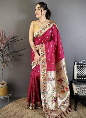 Red color zari woven paithani silk blend saree with blouse 1
