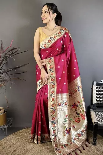 Red color zari woven paithani silk saree with blouse
