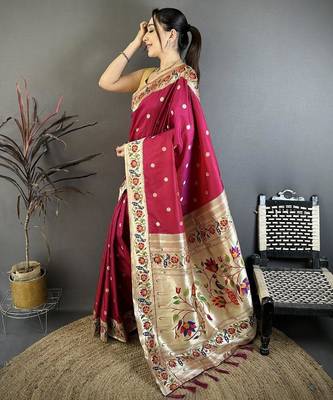 Red color zari woven paithani silk blend saree with blouse 2