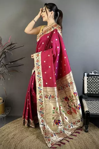Red color zari woven paithani silk blend saree with blouse