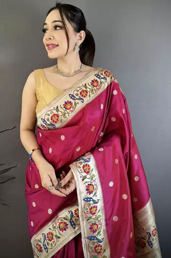 Red color zari woven paithani silk blend saree with blouse
