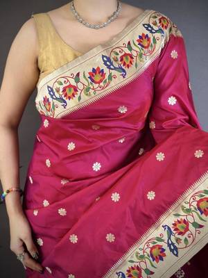 Red color zari woven paithani silk blend saree with blouse 4