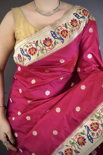 Red color zari woven paithani silk blend saree with blouse