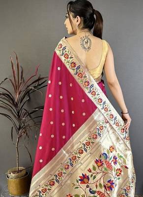 Red color zari woven paithani silk blend saree with blouse 5