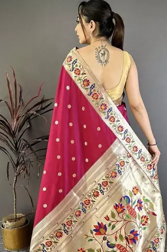 Red color zari woven paithani silk blend saree with blouse