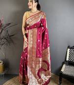 Pink color zari woven banarasi silk blend saree with blouse