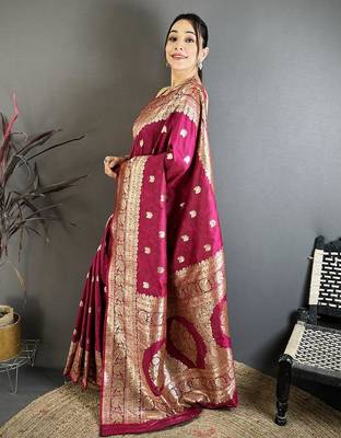 Pink zari woven banarasi silk blend saree with blouse 2