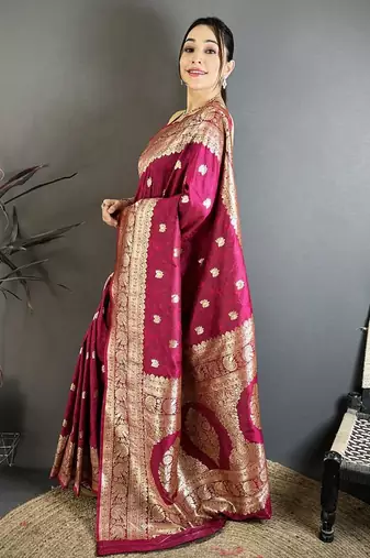 Pink color zari woven banarasi silk blend saree with blouse