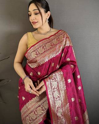 Pink zari woven banarasi silk blend saree with blouse 3