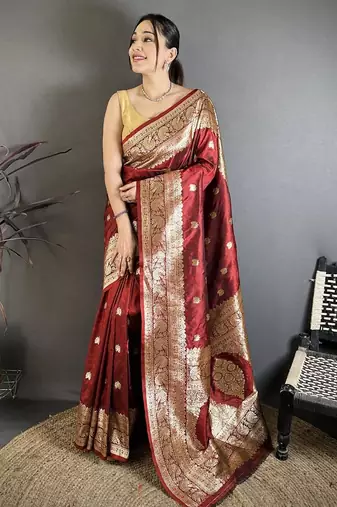 Maroon color zari woven banarasi silk saree with blouse