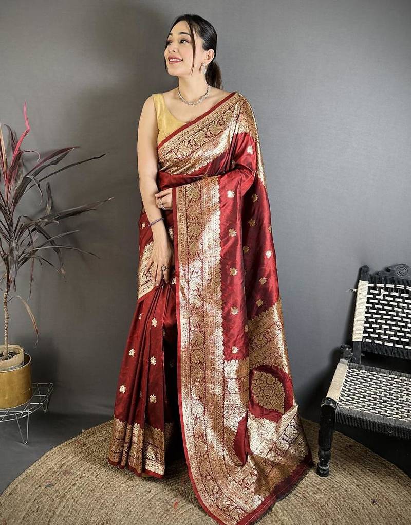 Maroon color zari woven banarasi silk saree with blouse