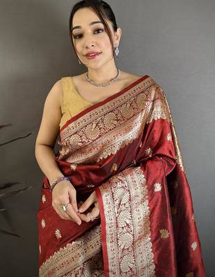 Maroon color zari woven banarasi silk blend saree with blouse 3