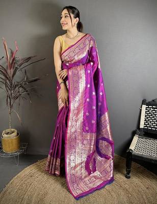 Magenta color zari woven banarasi silk blend saree with blouse 1