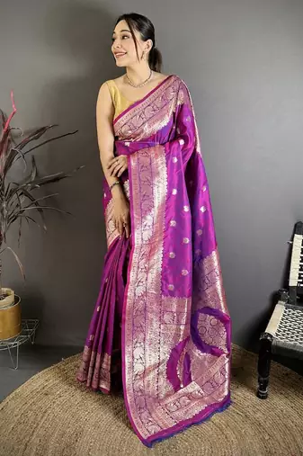 Magenta color zari woven banarasi silk saree with blouse