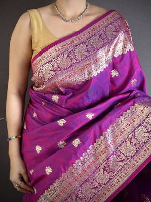 Magenta color zari woven banarasi silk blend saree with blouse 4