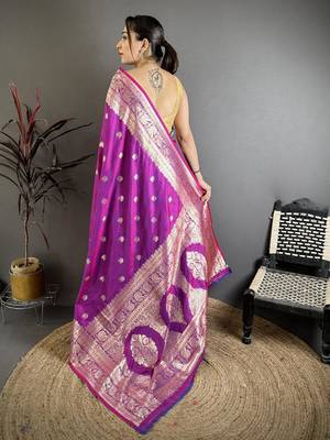 Magenta color zari woven banarasi silk blend saree with blouse 5