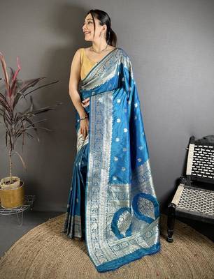 Skyblue color zari woven banarasi silk blend saree with blouse 1