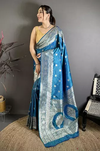 Skyblue color zari woven banarasi silk saree with blouse
