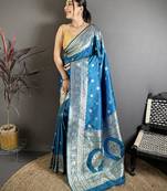 Skyblue color zari woven banarasi silk blend saree with blouse