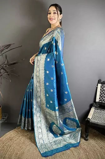 Skyblue color zari woven banarasi silk blend saree with blouse